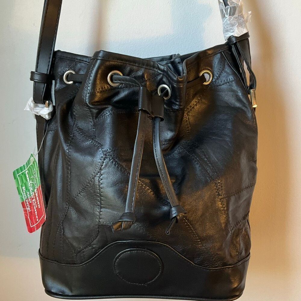 Maxam Lambskin Patchwork Mosaic Drawstring Bag, Black NWT Vintage - Picture 6 of 16
